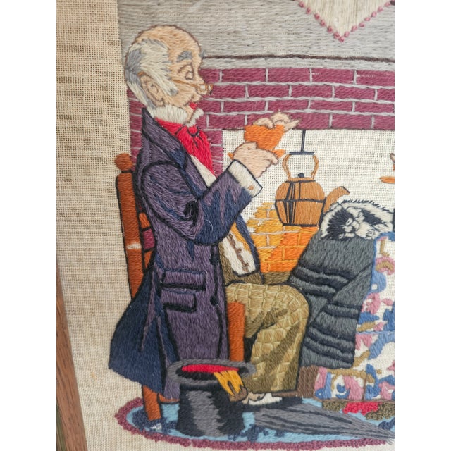 1980s Norman Rockwell “Tea for Two” Framed Needlepoint, 1983 Oak & Gold Frame For Sale - Image 5 of 11
