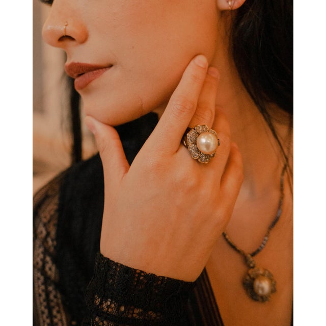 2020s South Sea Golden Pearl and Champagne Diamond Flower Cocktail Ring, Size 7.5 For Sale - Image 5 of 12