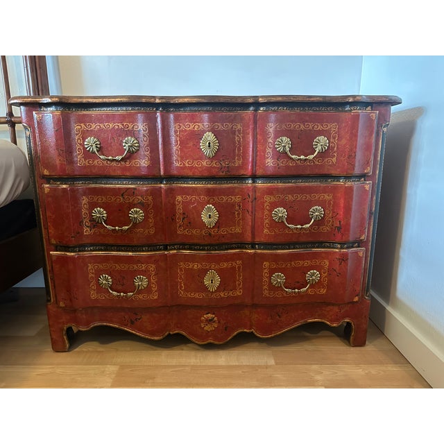 Traditional Theodore Alexander Red Leather-Wrapped Serpentine Three-Drawer Chest With Gilt Decoration For Sale - Image 3 of 16