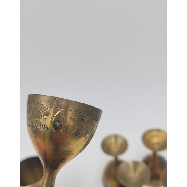 Brass Mid 20th Century Etched Brass Cordial Set With Floral Serving Tray - Set of 7 For Sale - Image 8 of 10