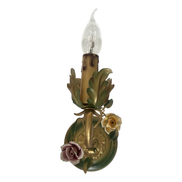 Vintage Italian Metal and Porcelain Rose Wall Lamps from Unbekannt, 1950s, Set of 2 For Sale