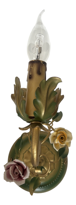 Vintage Italian Metal and Porcelain Rose Wall Lamps from Unbekannt, 1950s, Set of 2