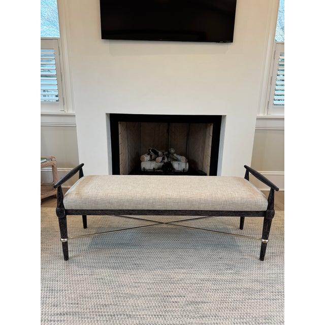 Beautiful Currey & Company Perrin Bench in near perfect condition. Ebonized taupe wood with iron stretchers in a silver...