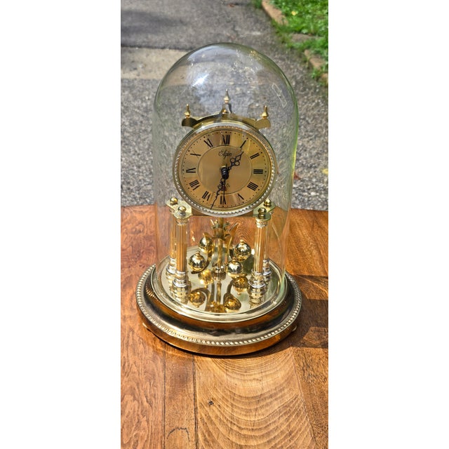 Vintage Elgin Anniversary Mantel Clock With Glass Dome, Brass Finish & Rotating Pendulum For Sale - Image 15 of 17