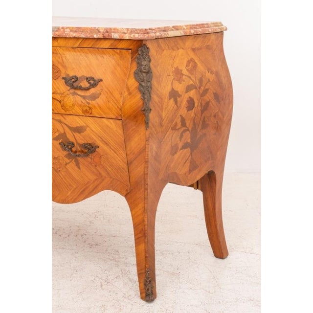 Louis XV Style Marble Top Marquetry Bombe Chest For Sale In New York - Image 6 of 8