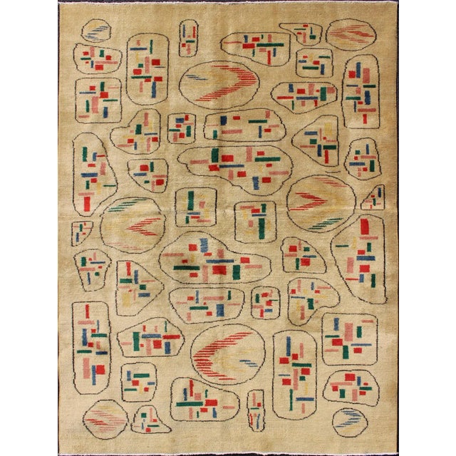 Yellow Background Vintage Turkish Mid-Century Modern Rug With Geometric Motifs For Sale - Image 9 of 9