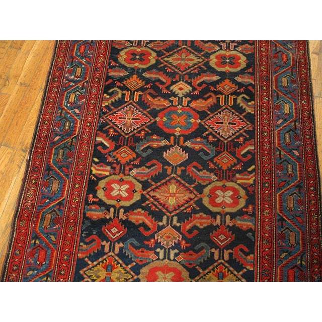 Persian 1930s Blue Navy Medallion Antique Malayer Persian Rug 3'7" X 17'10" Handknotted Wool Carpet For Sale - Image 3 of 5