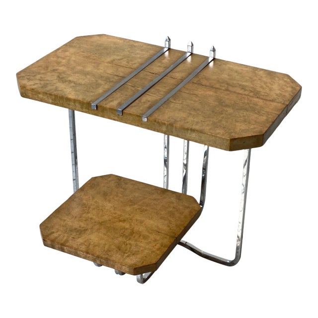 Vintage Diminutive Art Deco Tiered Birdseye Maple + Chrome Table, Attributed to Alfons Bach, Circa 1930s For Sale