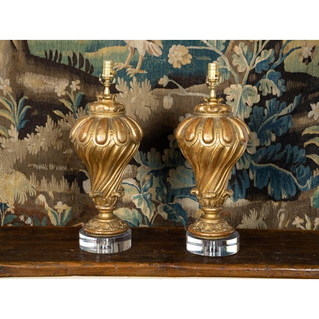 19th Century 19th Century Italian Carved Giltwood Fragments Made into Lamps on Lucite - a Pair For Sale - Image 5 of 10
