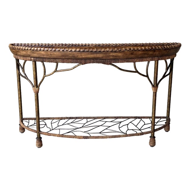 Bernhardt Late 20th Century Mango Wood & Iron Faux Bois Regency-Style Demilune Console Table For Sale