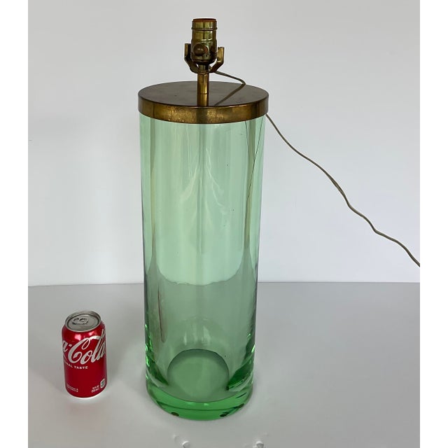 High end Modern Vintage Designer Thick Green Glass Cylinder Table Lamps Pair, beautiful antiqued brass patina caps, French...