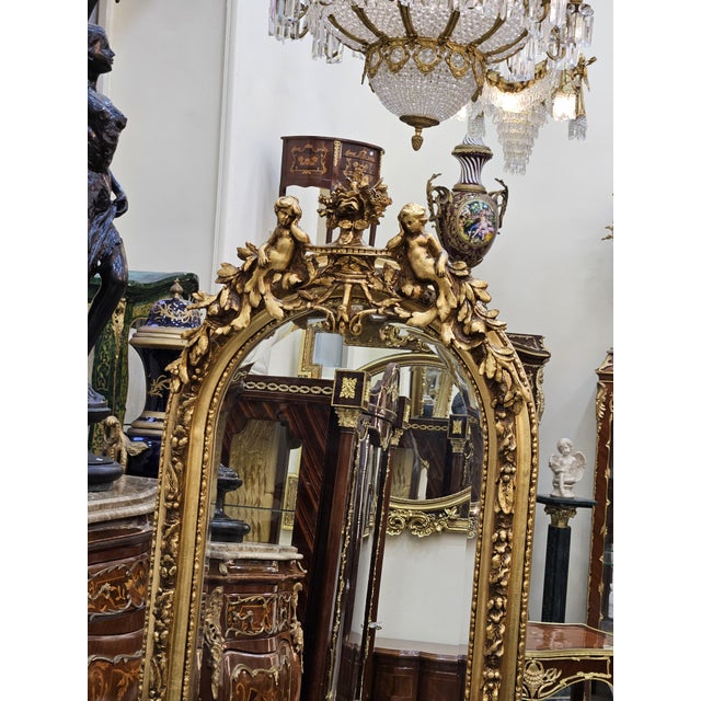 Grand French Louis XV Floor Mirror With Cherub Crest & Gold Leaf Frame For Sale - Image 4 of 7