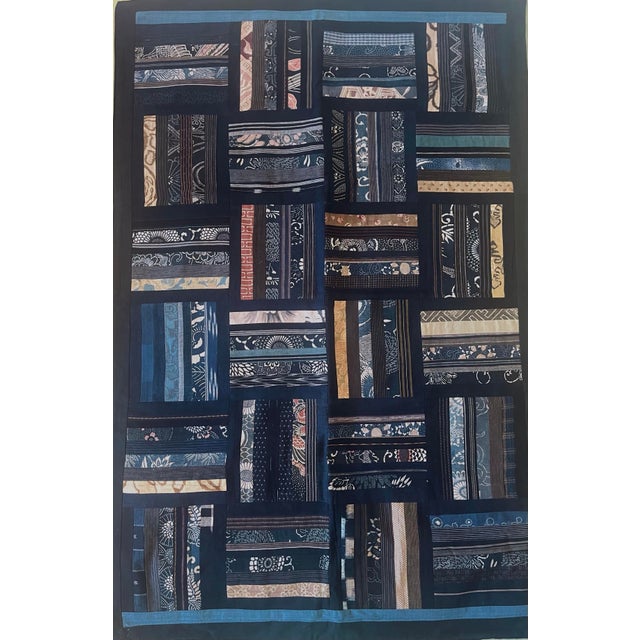 Abstract Breathtaking Vintage Indigo Asian Art Quilt Made With Antique Fabric For Sale - Image 3 of 9