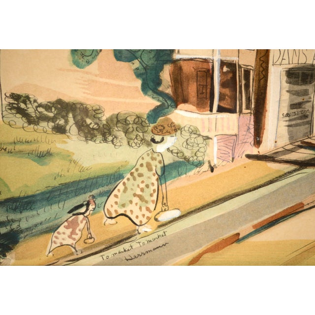 Beige Early 20th Century "To Market to Market" Figurative Brooklyn Cityscape Painting by Frank Simon Herrmann, Framed For Sale - Image 8 of 11