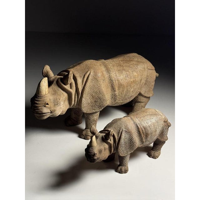 Hand-Carved Wooden Rhinoceros Statues, 1960s, Set of 2 For Sale - Image 4 of 18