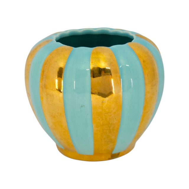 Mid-Century Modern 1950 California Art Pottery Turquoise and Gold Lobed Vase, Attributed to Tudor For Sale - Image 3 of 7