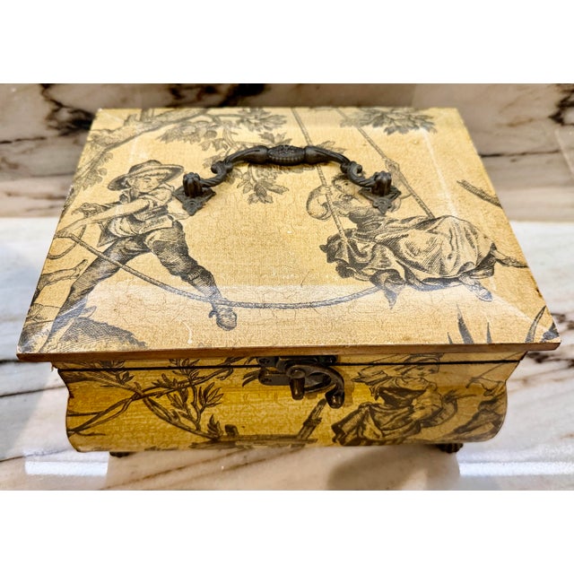 Beautiful vintage light tan and dark gray decoupaged Joy motif trinket box (such as a decorative trinket, jewelry, or...
