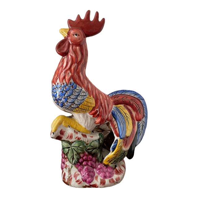 Vintage French Hand Painted Ceramic Majolica Rooster Figurine 15" For Sale