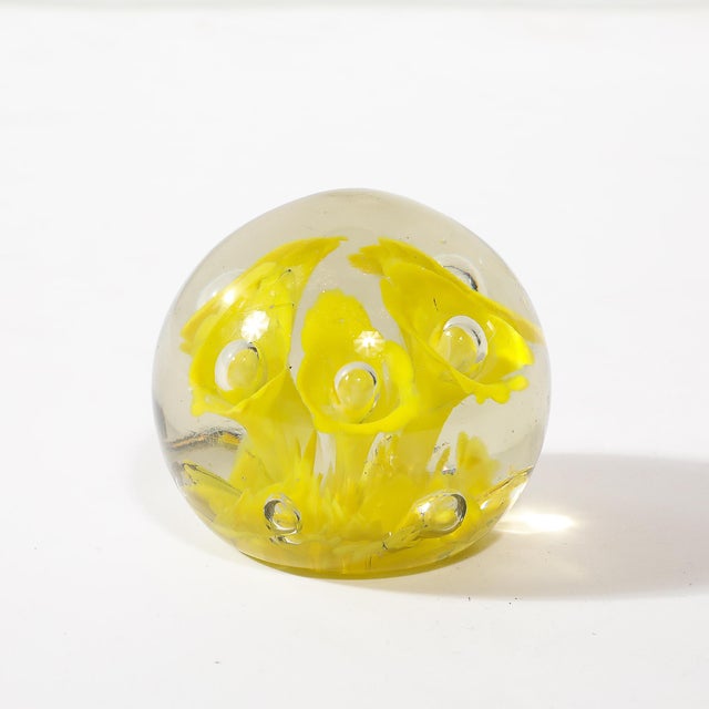 Mid-Century Hand-Blown Murano Glass Paperweight W/ Yellow Trumpet Motif For Sale In New York - Image 6 of 8