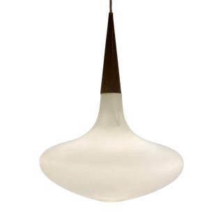Opaline and Teak Pendant Lamp attributed to Louis Kalff, 1950s For Sale