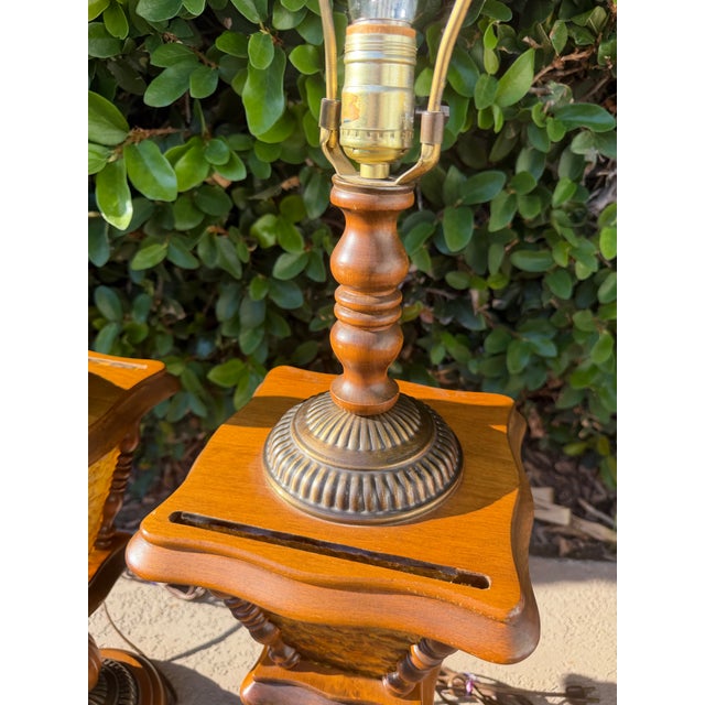 Amber Vintage Matching Wood Table Lamps With Amber Glass Night Lights - a Pair For Sale - Image 8 of 12