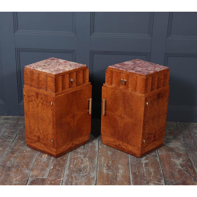 French Art Deco Bedside Tables in Amboyna and Marble, 1930s, Set of 2 For Sale - Image 14 of 15
