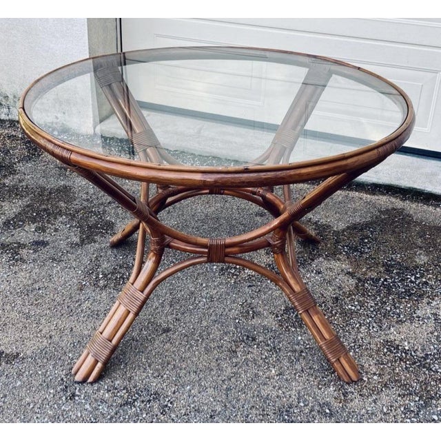 Round Rattan and Wicker Table with Glass Top, 1970s For Sale - Image 4 of 5