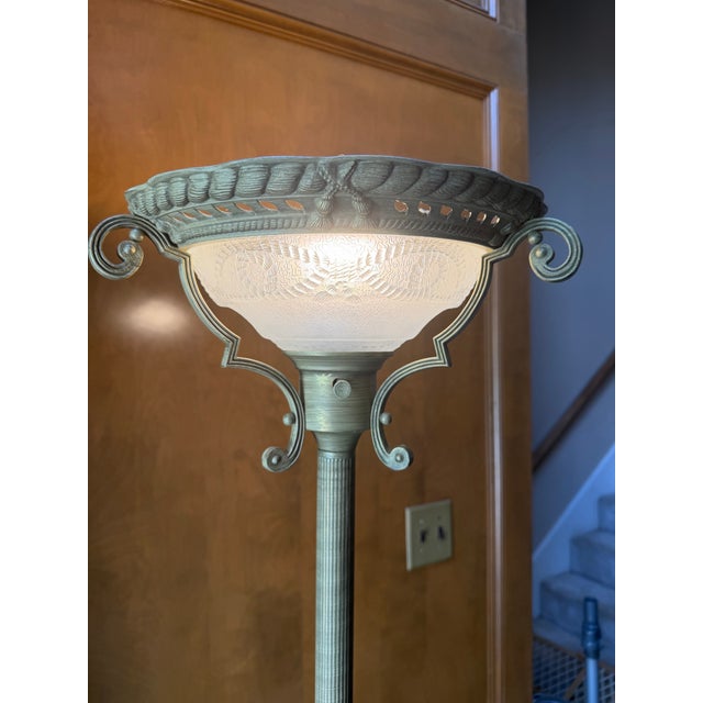 1990s Traditional Bronze Torchiere Floor Lamp With Etched Frosted Glass Shade & 3-Way Switch For Sale - Image 4 of 7
