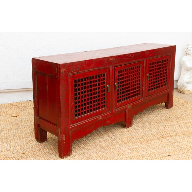 Mid 20th Century Crimson Lattice Asian Sideboard For Sale - Image 10 of 12