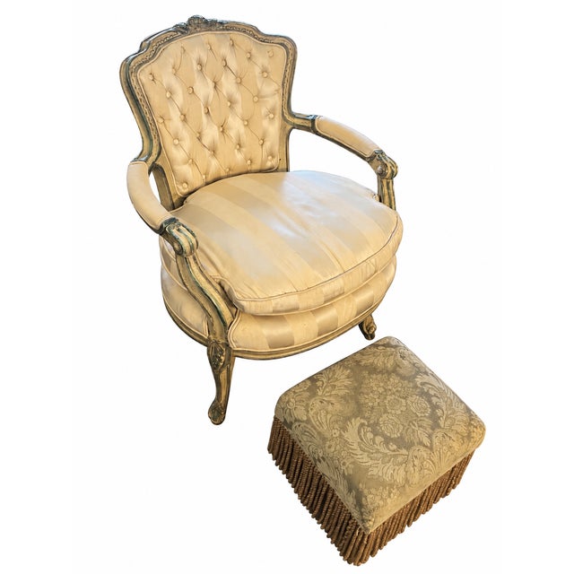 Louis XV–Style Gold Tufted Armchair With Coordinating Damask Fringed Footstool For Sale - Image 4 of 13