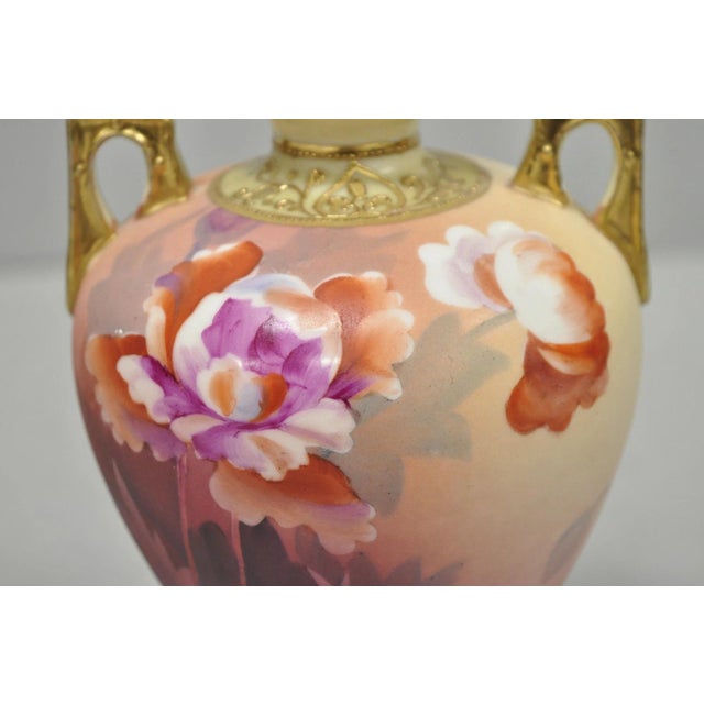 Antique Nippon Hand Painted Porcelain Small Pink Floral Vase W Gold Twin Handles For Sale In Philadelphia - Image 6 of 12