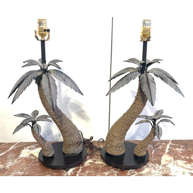 Pair of British Colonial-Style Tole and Rope Double Palm Tree Lamps A charming and highly decorative pair of British...