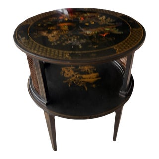 Vintage Chinoiserie Black Lacquer Round Two-Tier Side Table With Glass Top For Sale