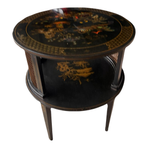 Vintage Chinoiserie Black Lacquer Round Two-Tier Side Table With Glass Top