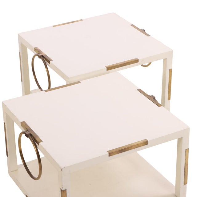 Rare Pair of Two-Tier White Lacquered Wood and Brass End Tables, C. 1960 For Sale In Philadelphia - Image 6 of 7