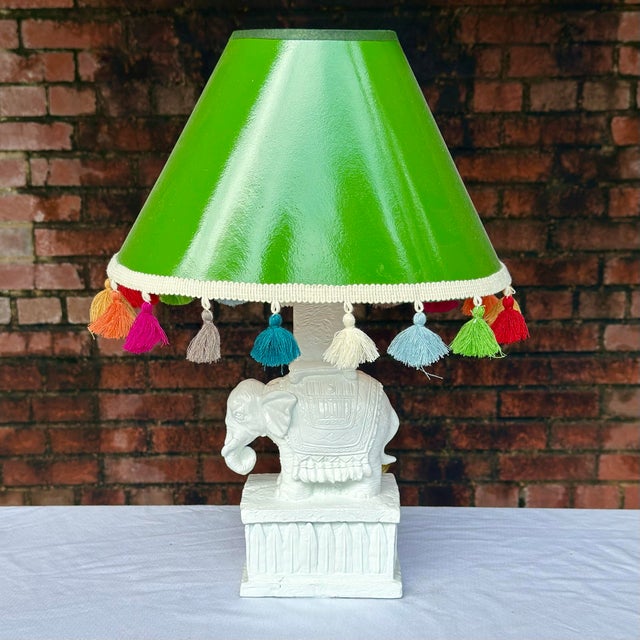 Late 20th Century White Elephant Table Lamp With Green Lacquered Shade - Newly Painted For Sale - Image 9 of 12
