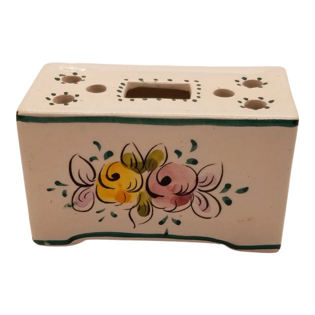 Portuguese Pottery Stem Vase With Handpainted Flowers For Sale