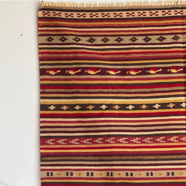 Large Indian Beige Rug with Red, Yellow and White Stripes and Geometric Borders, 1980s For Sale - Image 4 of 18