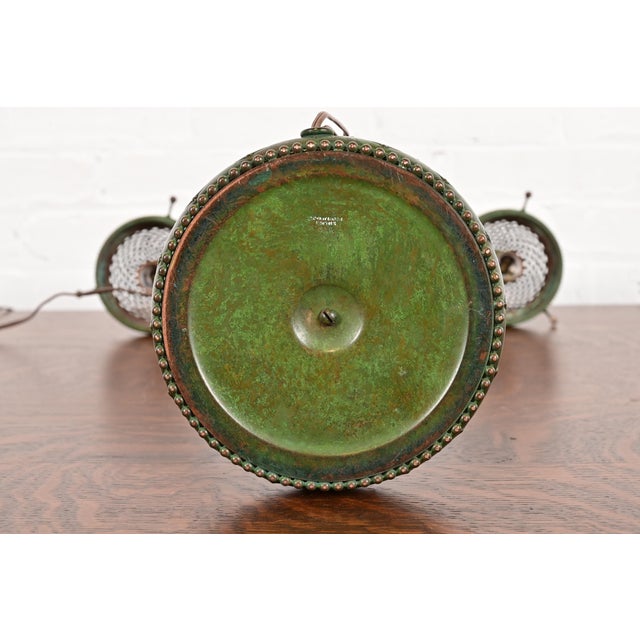Tiffany Studios Arts & Crafts Bronze Double Arm Student Lamp With Stained Leaded Glass Acorn Shades For Sale - Image 9 of 12
