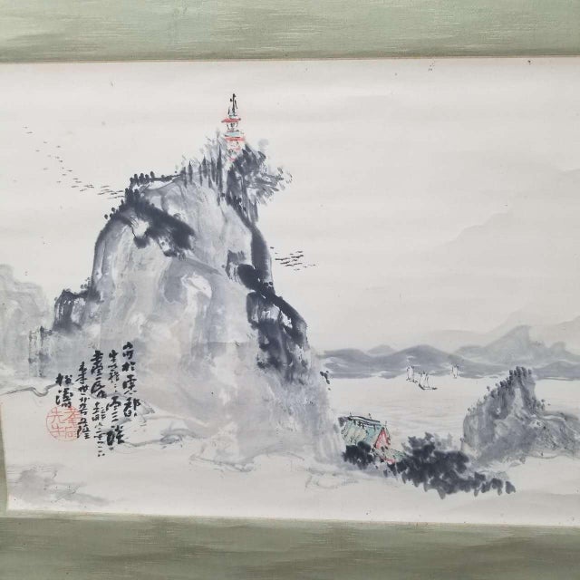 Vintage Japanese Hanging Scroll Ink Landscape With Mountains, Sea, and Sailing Boats For Sale - Image 9 of 13
