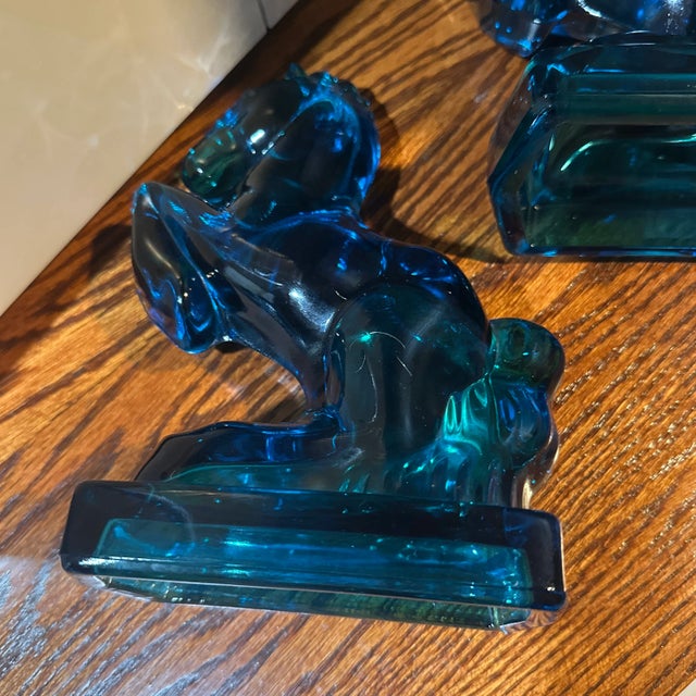 Peacock Blue Glass Rearing Horse Statues From 1940’s Art Deco Mid Century For Sale - Image 10 of 10