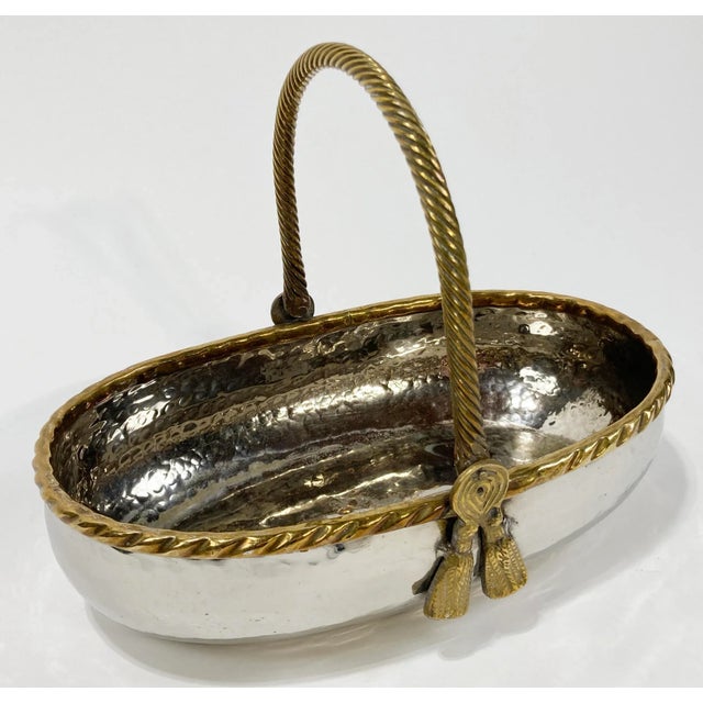 Hollywood Regency Vintage Heavy Hammered Silver Bowl With Brass Rope Handle For Sale - Image 3 of 10