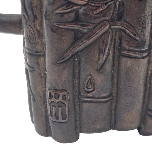 Vintage Chinese Bamboo-Form Cast Metal Teapot Sculpture With Relief Motifs (7.5") For Sale - Image 13 of 16