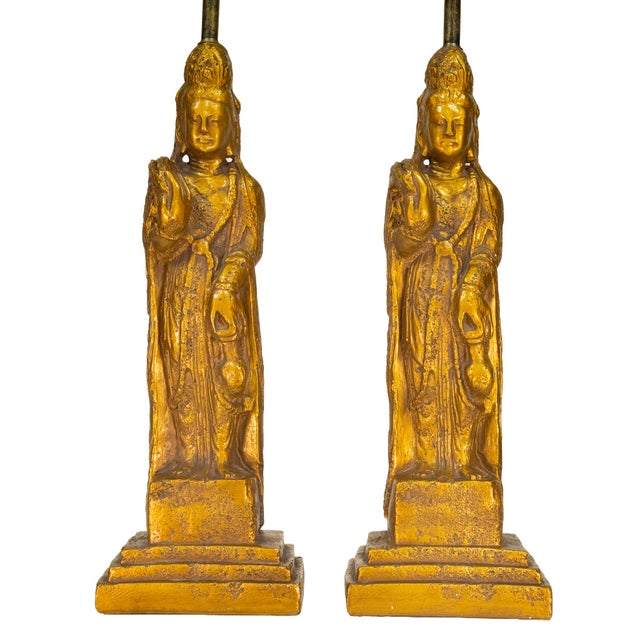 Boho Chic 1960s Westwood Tony Paul Hollywood Regency Quan Yin Buddha Lamp Gold Gilt - A Pair For Sale - Image 3 of 12