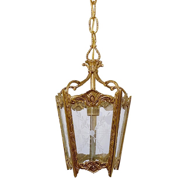 Vintage Bronze Lantern With Etched Glass Panels For Sale