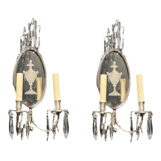 1920s Silver Plate Caldwell Sconces With Etched Mirror For Sale
