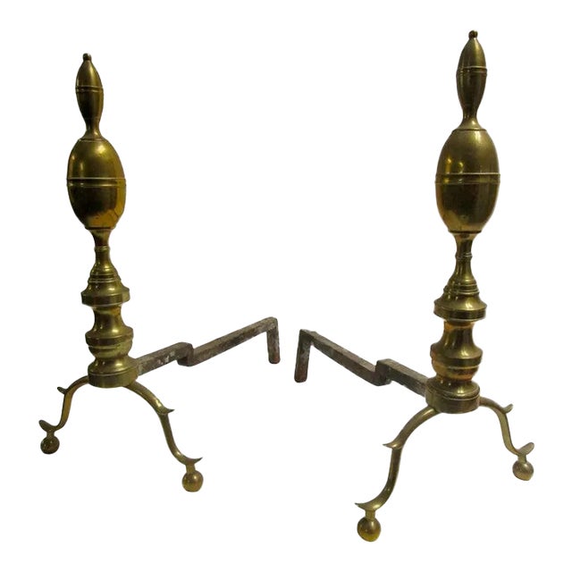 18th C Brass American Chippendale Lemon Drop Top Andiron Firedog Pair For Sale
