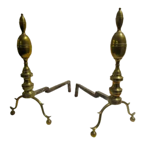 18th C Brass American Chippendale Lemon Drop Top Andiron Firedog Pair