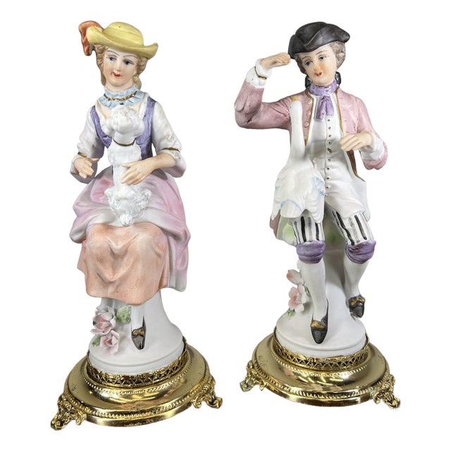 Vintage French Style Porcelain Figurines on Brass Stands, Set of 2 For Sale