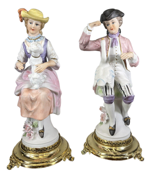 Vintage French Style Porcelain Figurines on Brass Stands, Set of 2